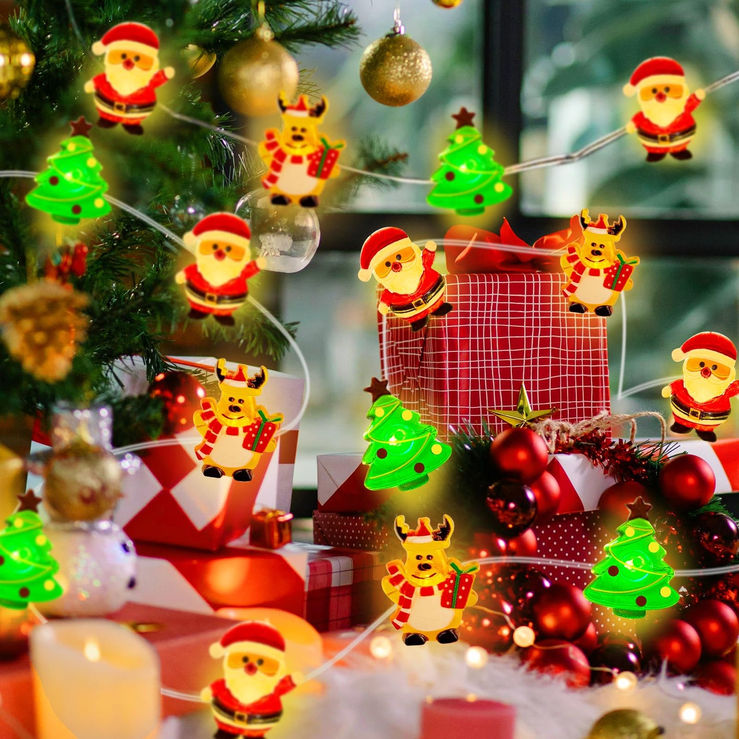 Yooumoga Christmas String Lights - 16FT 50 LED Santa Claus/Deer/Tree Fairy Lights, Battery/USB Powered with Remote & 8 Lighting Modes for Indoor Outdoor Xmas Tree Party Decor (1 Pack-USB)