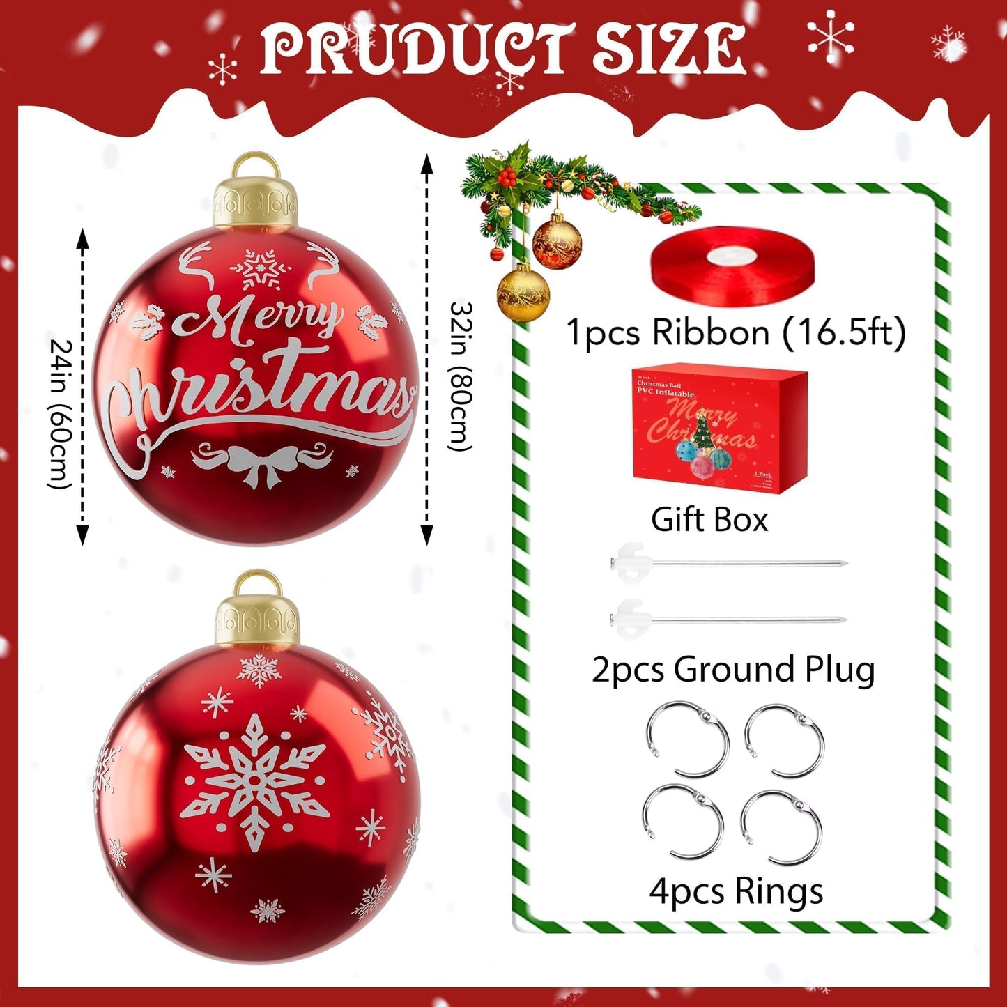 2PCS 24 Inch Christmas Inflatable Ball, PVC Giant Inflatable Ornaments Balls Red Blow up Ornament Balls, Inflatable Christmas Decorations for Outside Holiday Yard Lawn Decor(Merrychristmas Snowflake)