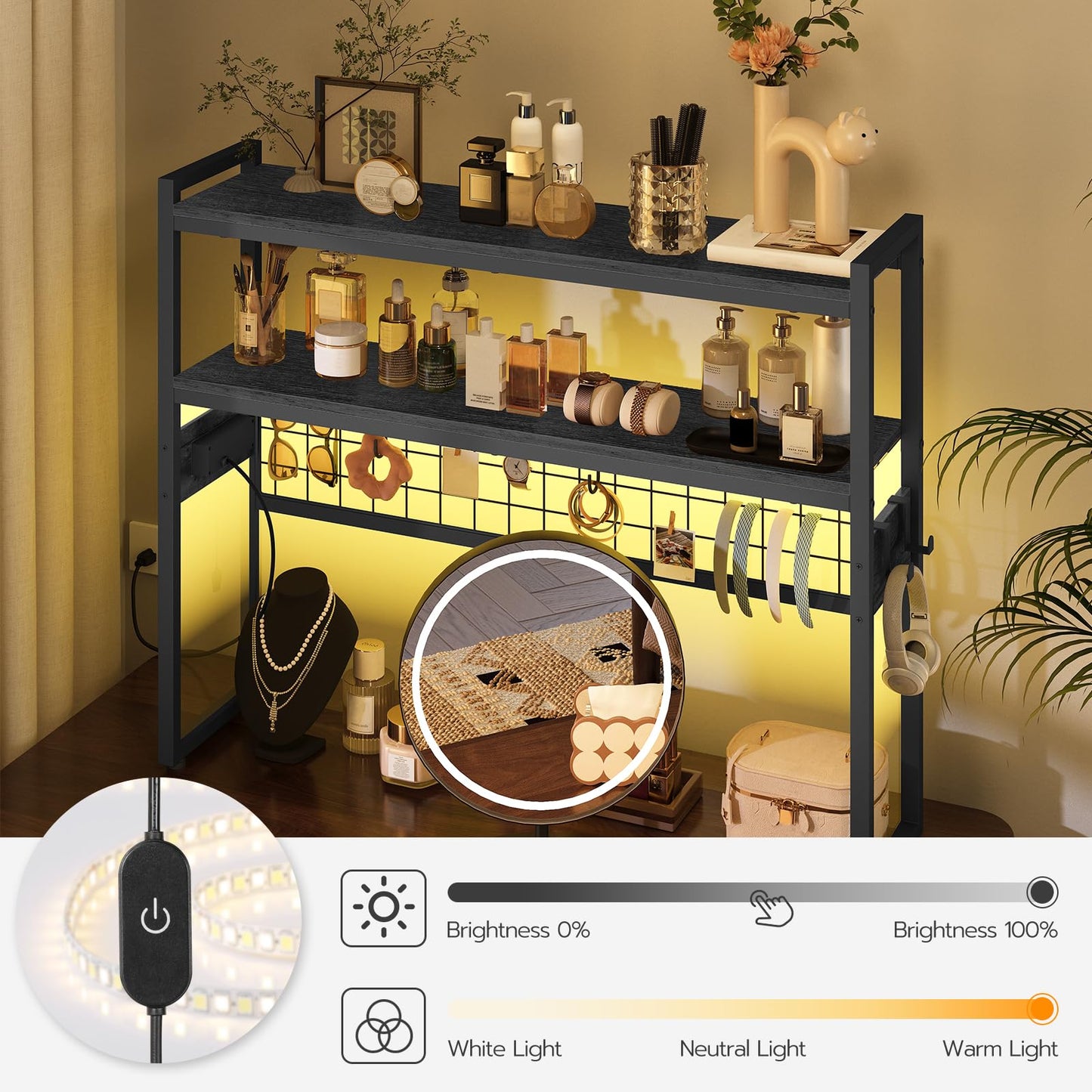 HOOBRO Desktop Bookcase, 2-Tier Desktop Organizer, 37.4" Wooden Office Storage Rack with Outlets, Display Shelf Rack with Light Strip, Desk Hutch for Office, Black BB13UDSJ01