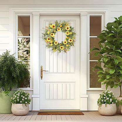 24" Sunflower Wreath for Front Door - Artificial Floral Lush Summer Wreath with Adjustable Headband & DIY Decor for Wall, Home, Wedding, Party, Christmas (Yellow)