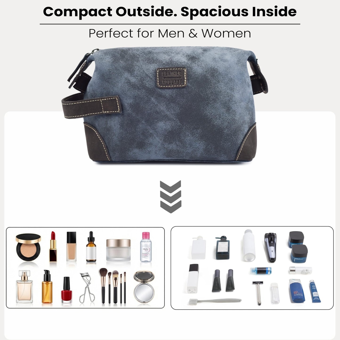 LEATHER VILLAGE Genuine Leather Dopp Kit for Men & Women with Waterproof Lining – Distressed Travel Toiletry Bag, Shaving & Bathroom Essentials Organizer - Distressed Blue