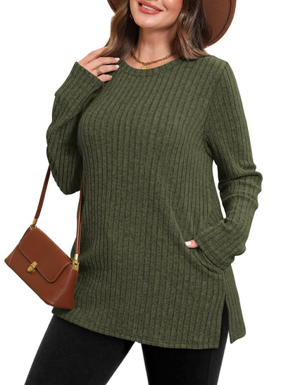 SAMPEEL Womens Sweaters Crewneck Long Sleeve Shirts with Pockets Fall Outfits 2025 Fashion Winter Clothing Side Slit