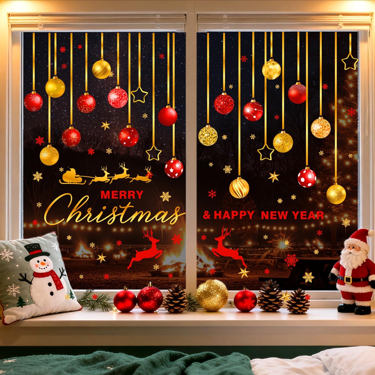 Christmas Bell Wall Stickers Large Ornament Wall Decals Peel and Stick Merry Christmas New Year Wall Decals Clings Holiday Red Gold Snowflake Hanging Bells Window Sticekrs Xmas Party Decoration