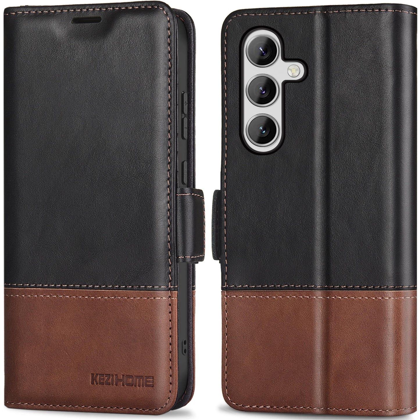 KEZiHOME Case for Galaxy S24 5G, Genuine Leather [RFID Blocking] Wallet Case with Card Slots Kickstand Folio Flip Phone Cover Compatible with Galaxy S24 5G (2024) (Black/Brown)