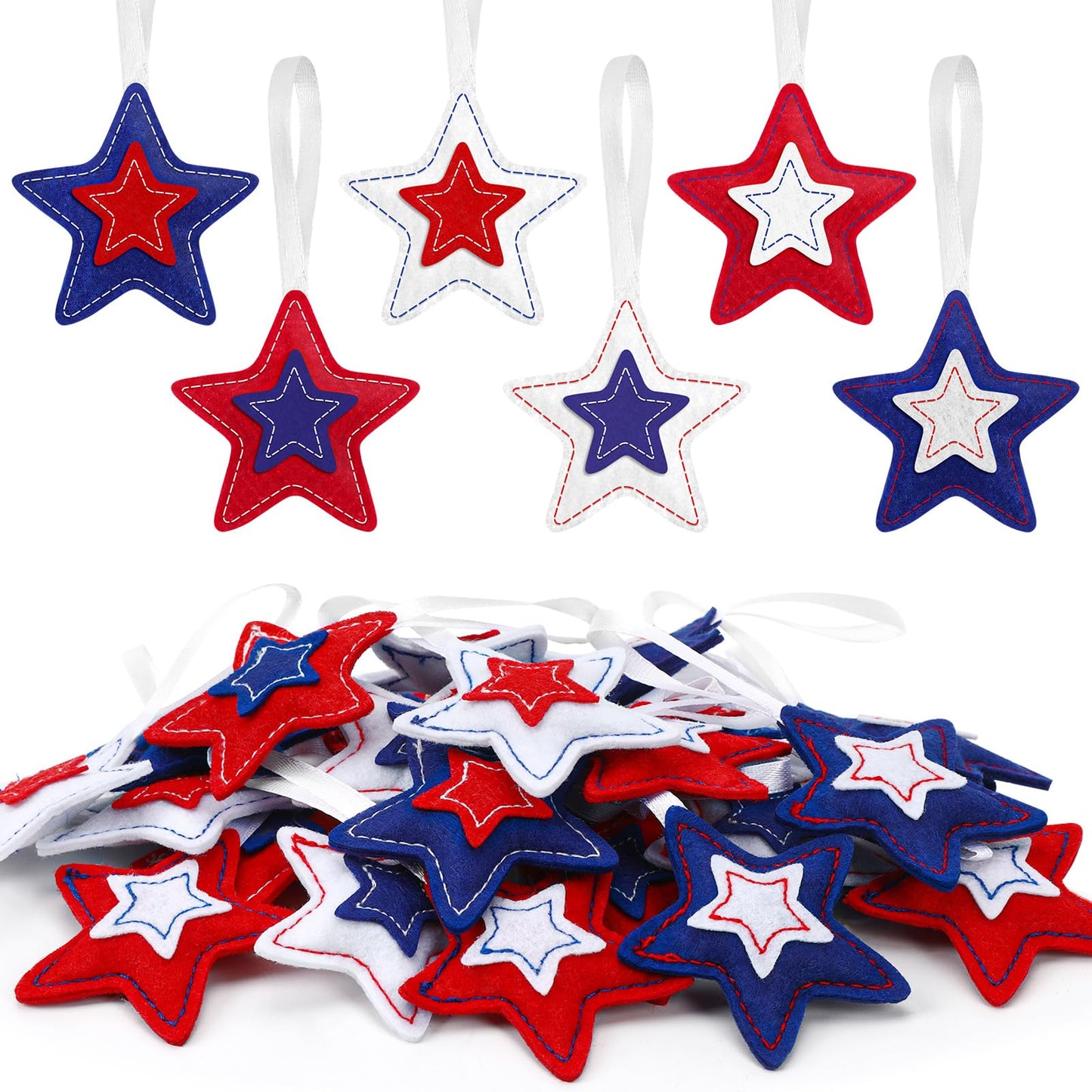 JANSUN Patriotic 4th of July Felt Star Ornaments 30 Pack Tree Hanging Star