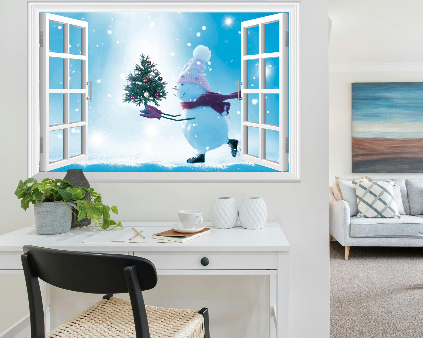 FLFK Fake Window Wall Mural - Snowman Holding a Christmas Tree Faux Window Wall Sticker for Wall Decor, Peel and Stick Wall Decals,48"x32",Set of 2 Sheets
