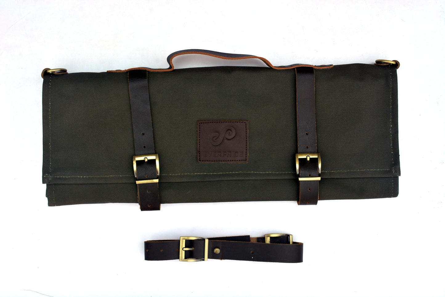 EVERPRIDE Stunning Waxed Canvas Roll Bag in Rich Dark Green w Genuine Leather Trim. Handsome Professional Chef Knife Roll Bag with upto 14" Knives and Storage Compartments A Super Gift
