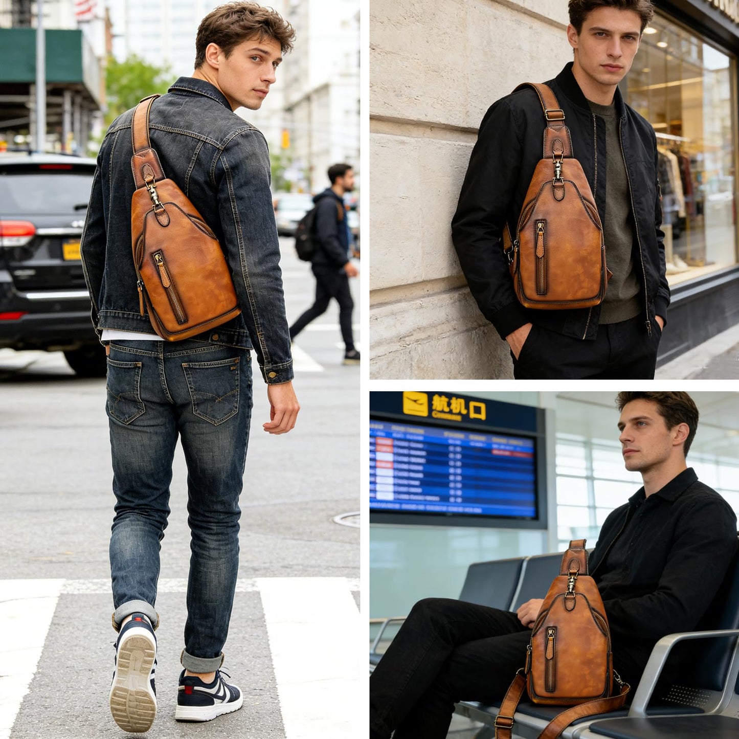 NIUCUNZH Genuine Leather Crossbody Sling Bag Handmade Classic Vintage Shoulder purse daypack Backpack Brown