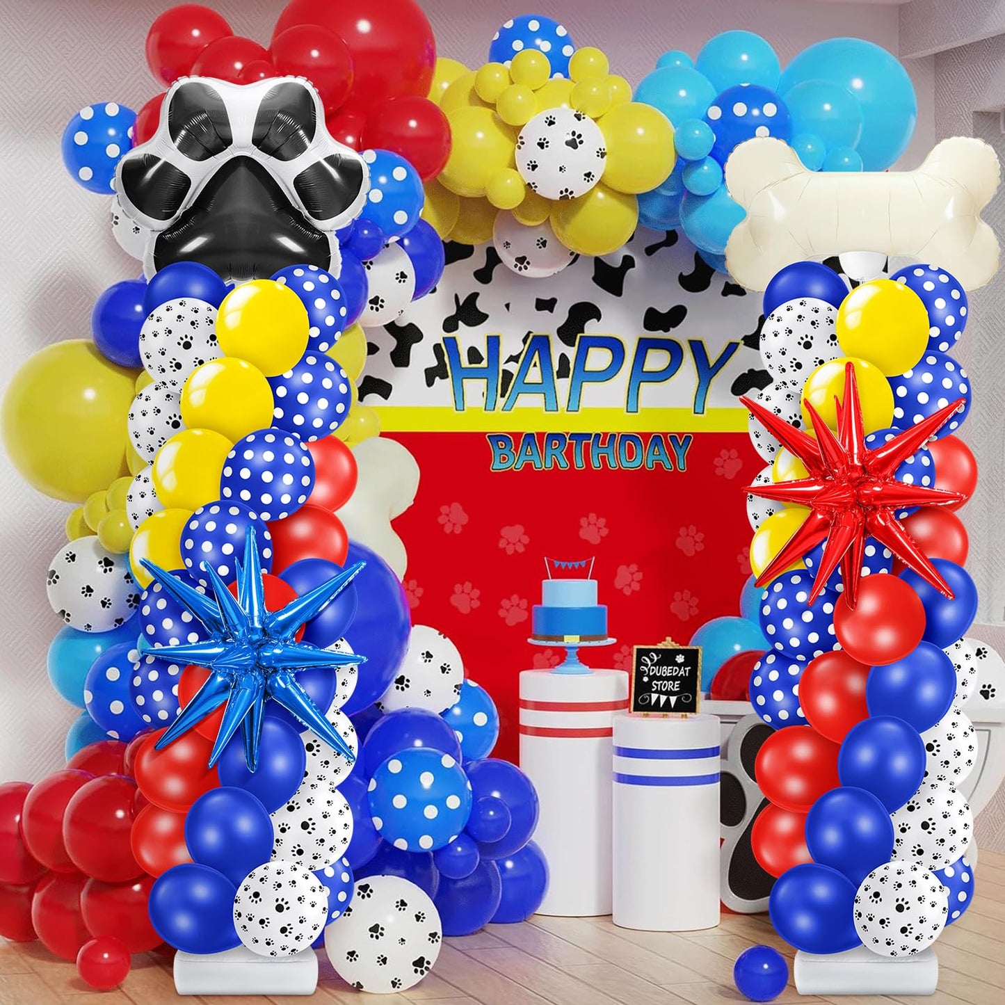 Kasyat 2 Sets Dog Paw Balloon Column Stand Kit Red Yellow Blue Paw Print Polka Dot Bone Shaped Balloon Arch Garland Kit with Stand for Dog Birthday Decorations Puppy Men