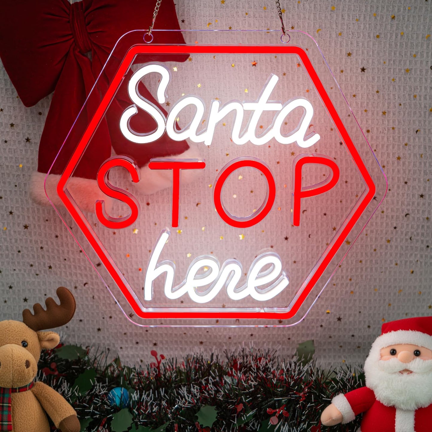 Santa Stop Here Neon Sign for Window Decor USB Powered Xmas Neon Wall Sign Festive Display Holiday Party Santa Stop Led Light for Back Drop Home Display