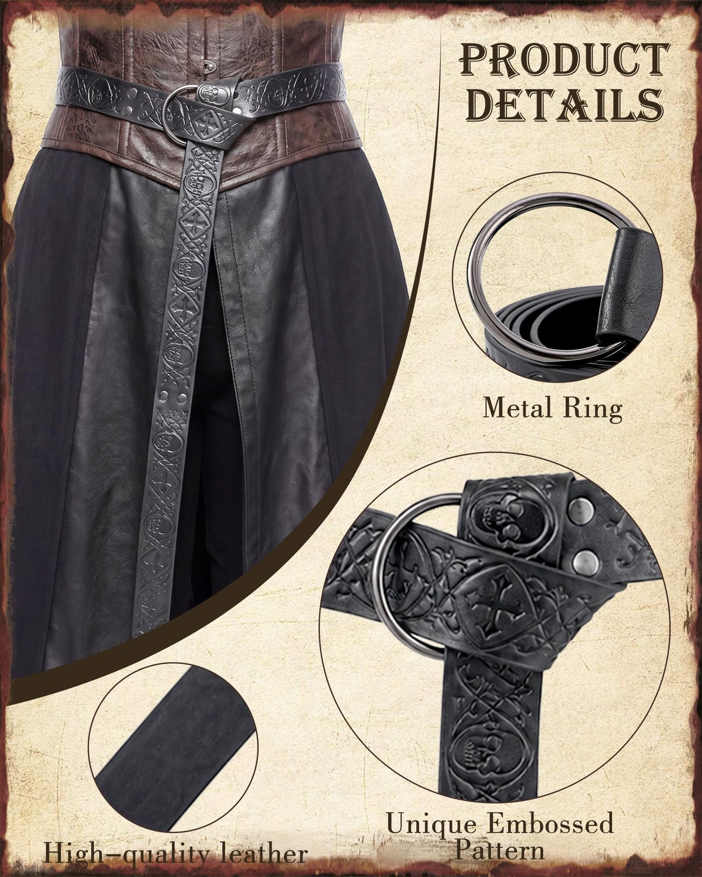 CoTeeZa Medieval Renaissance Leather Belt - Vintage Gothic Skull Cross Punk Black Style Waist Belts for Men Women Cosplay LARP Renfaire Viking Knight Costume Accessory