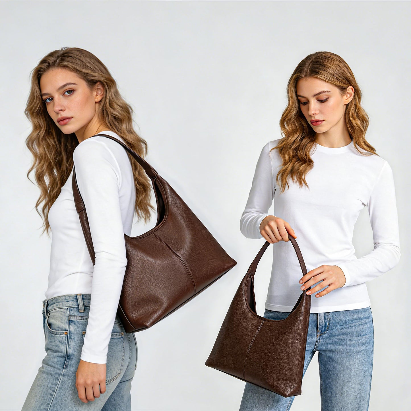 VESSALOIR Hobo Bags for Women, Slouchy Shoulder Bag for Women, Coffee Brown Handbag in Vegan Leather with Matching Zip Pouch, Magnetic Snap Closure, Built-In Key Leash