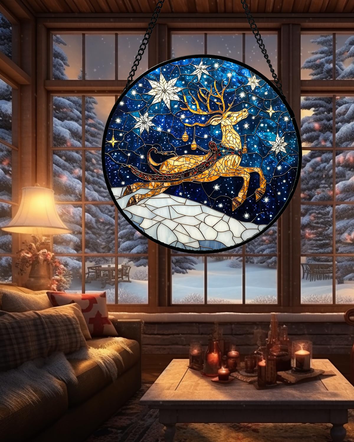 HWRHTR Stained Glass Window Hanging - Reindeer Blue Starry Sky Suncatcher for Doors Home Christmas Decoration Winter Sun Catcher Thanksgiving New Year Birthday Gifts for Women Men Mom Nana 9.8 in