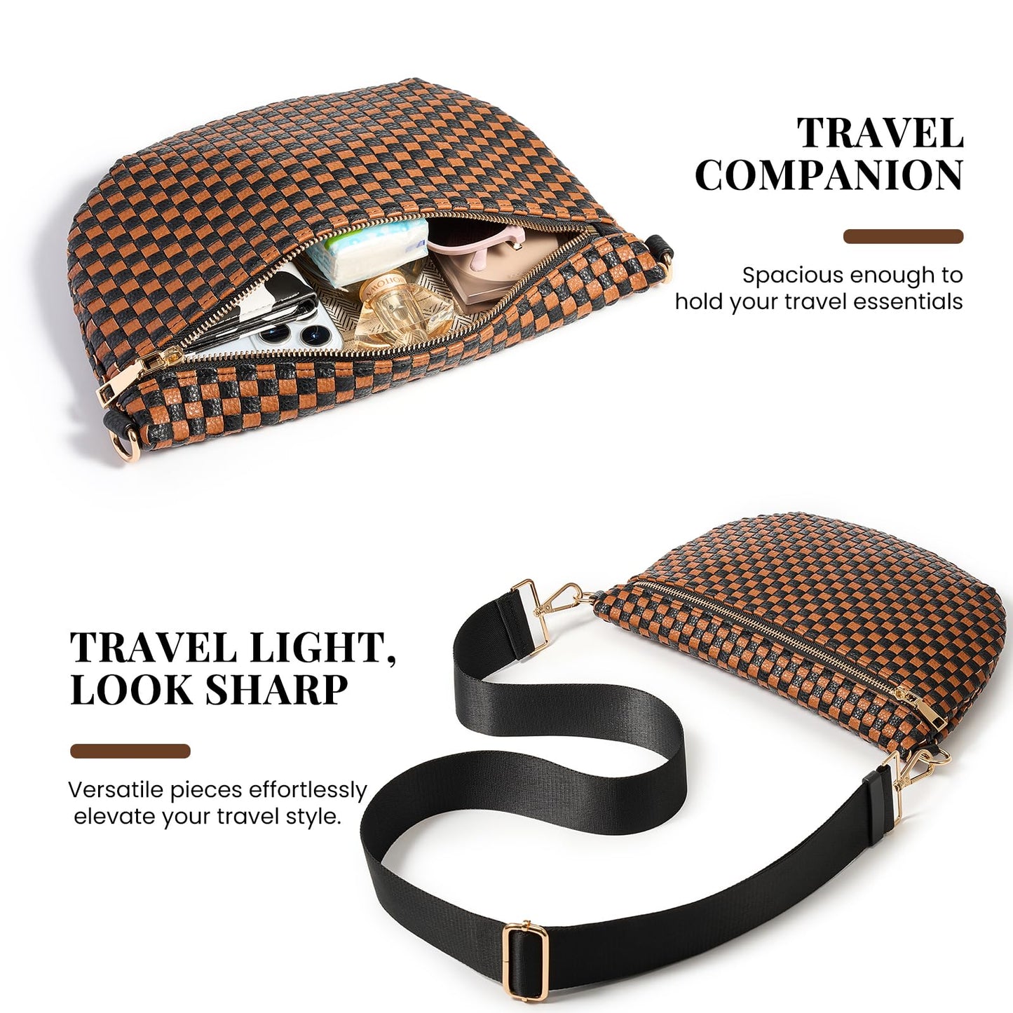 Woven Crossbody Bags For Women, Checkered Fashion PU Bum Bag Waist Pack, Travel Sling Purse with Adjustable Strap（Black and Brown)