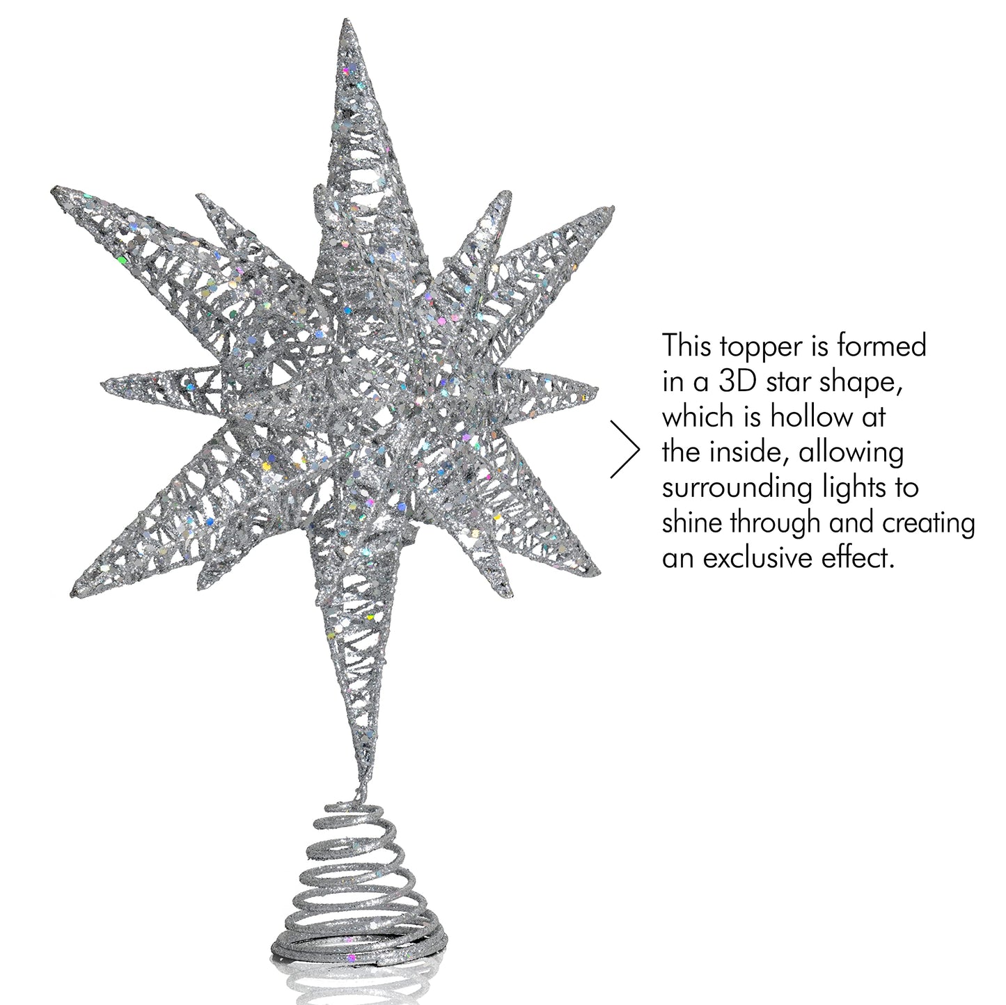 Ornativity Silver Star Tree Topper – Christmas Silver 3D Glitter Star Toppers Ornament Treetop Xmas Trees Top Decoration Holiday Decor 16"