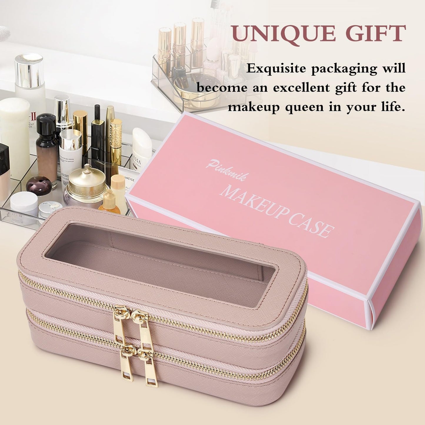 Pinkmik Double Layer Makeup Bag Makeup Brush Case Waterproof Travel Cosmetic & Toiletry Bag Purse Organizer and Car Essentials for Women (Pink, Double SLIM)