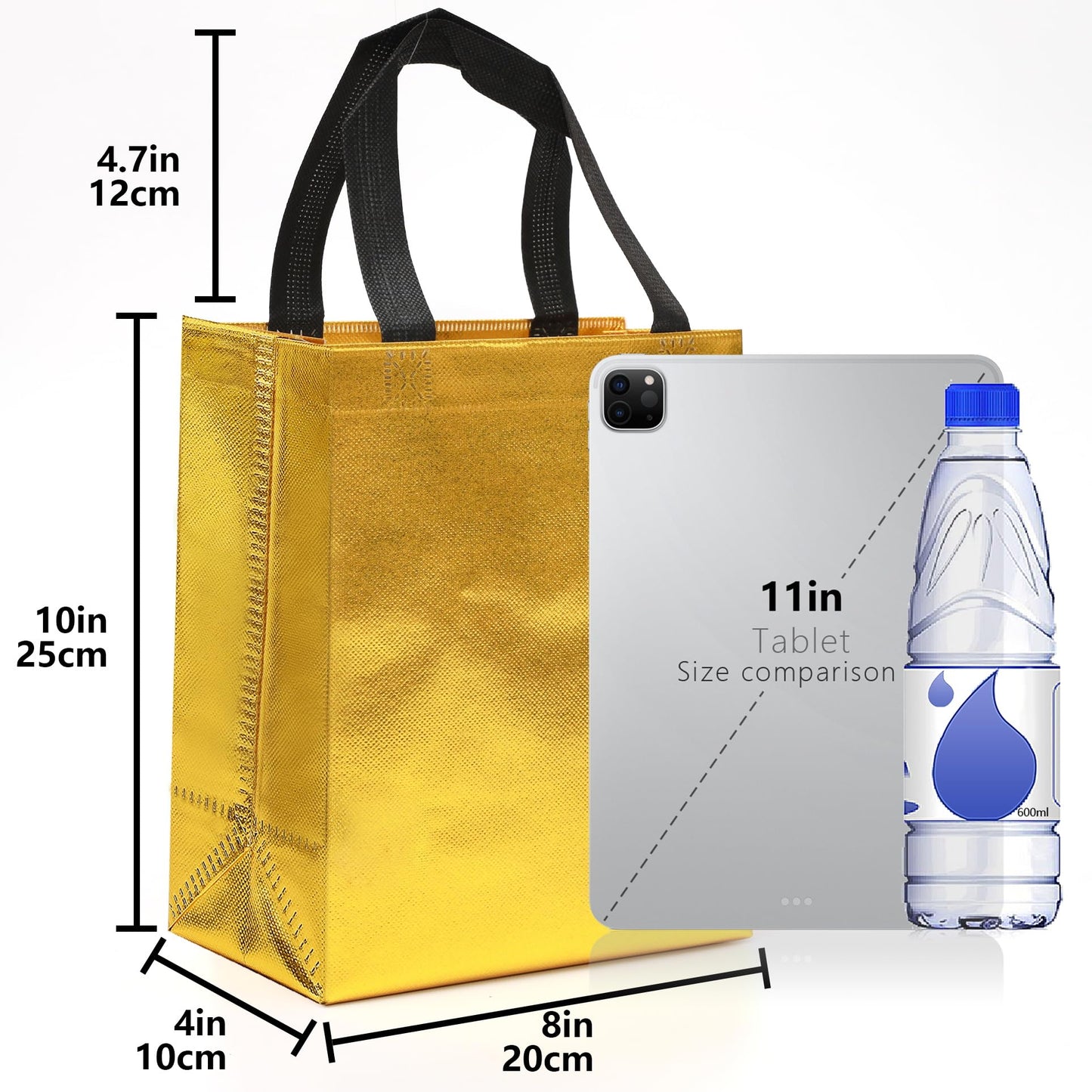 KeerxunBag 12pcs Reusable Gift Bags（Includes Tissue Paper） Gift bag with handle Birthdays Parties Holidays Weddings Medium 10x4x8in gold color Gift Bags
