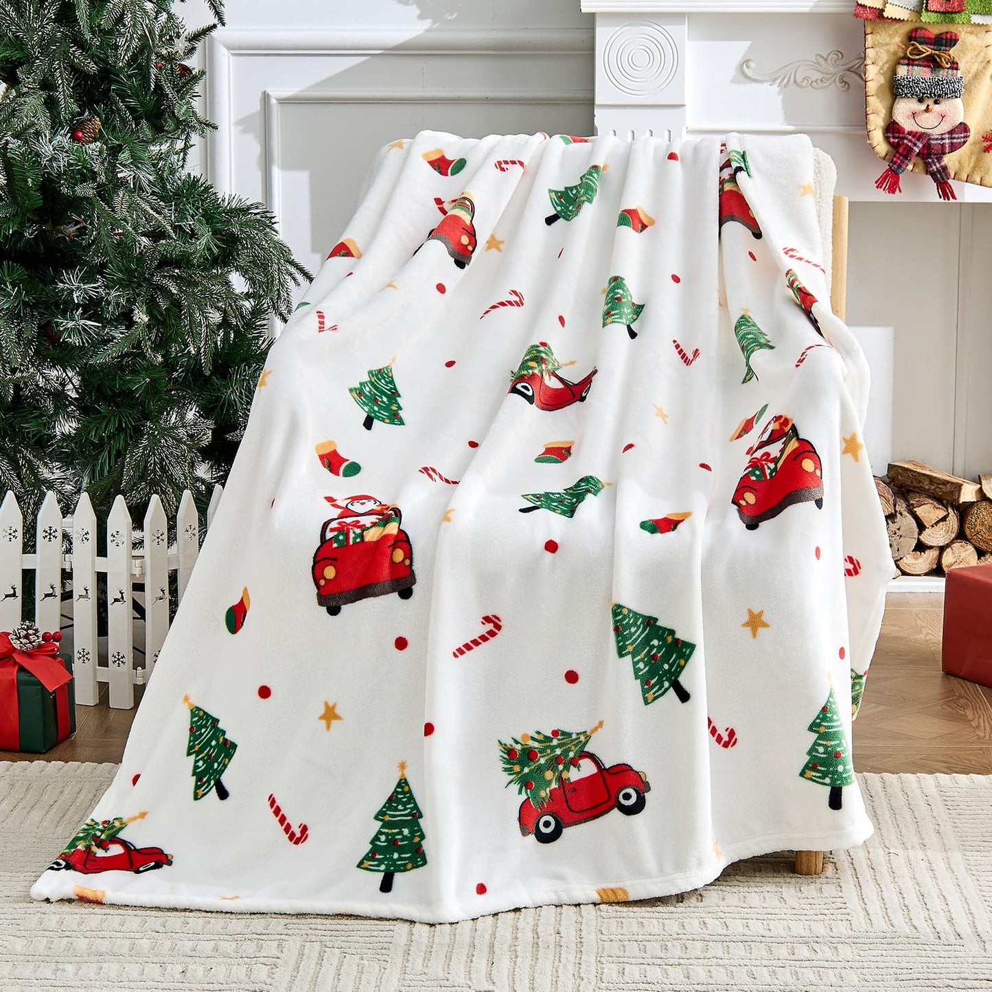 Edenleaf Christmas Blanket - White Holiday Throw with Santa Claus & Snowman - Warm Cozy Fleece Winter Blanket, 50x60 Inches，White