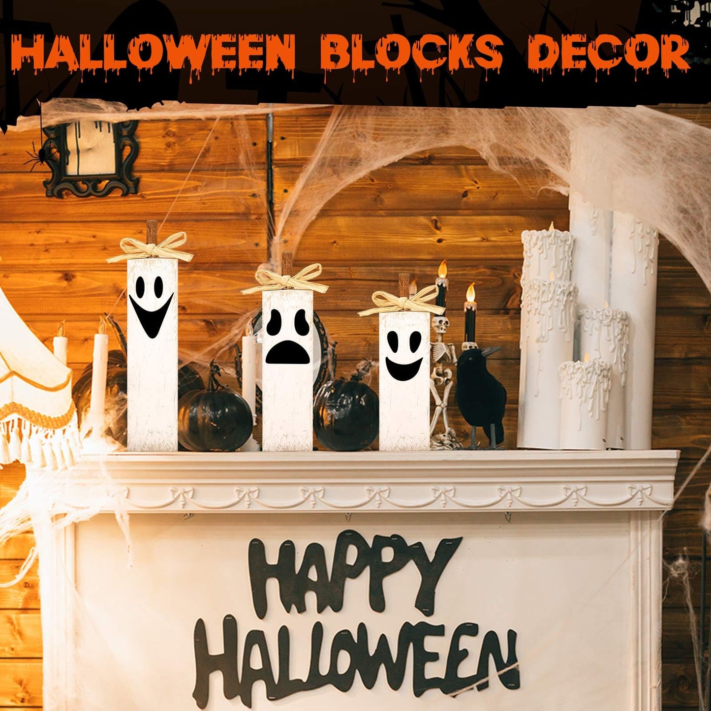 Amyhill 3 Pcs Halloween Table Decoration Wooden Ghost Block Sign Halloween Tiered Tray Decor Rustic Spooky Tabletop Centerpieces for Home Office Mantel Fireplace Shelf Party Decorations Holiday Gift