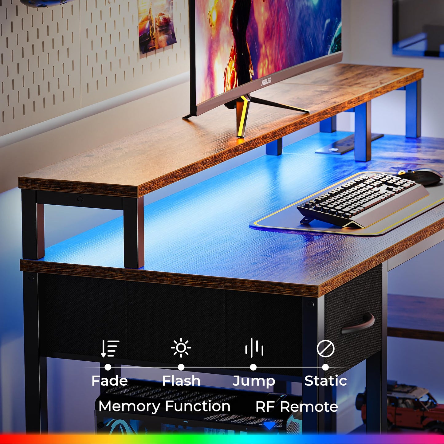 SUPERJARE 47 inch Reversible L Shaped Desk with LED Lights & Power Outlets, Computer Desk with Shelves & Monitor Stand, Gaming Desk with Drawer, Home Office Desk Corner Desk, Rustic Brown