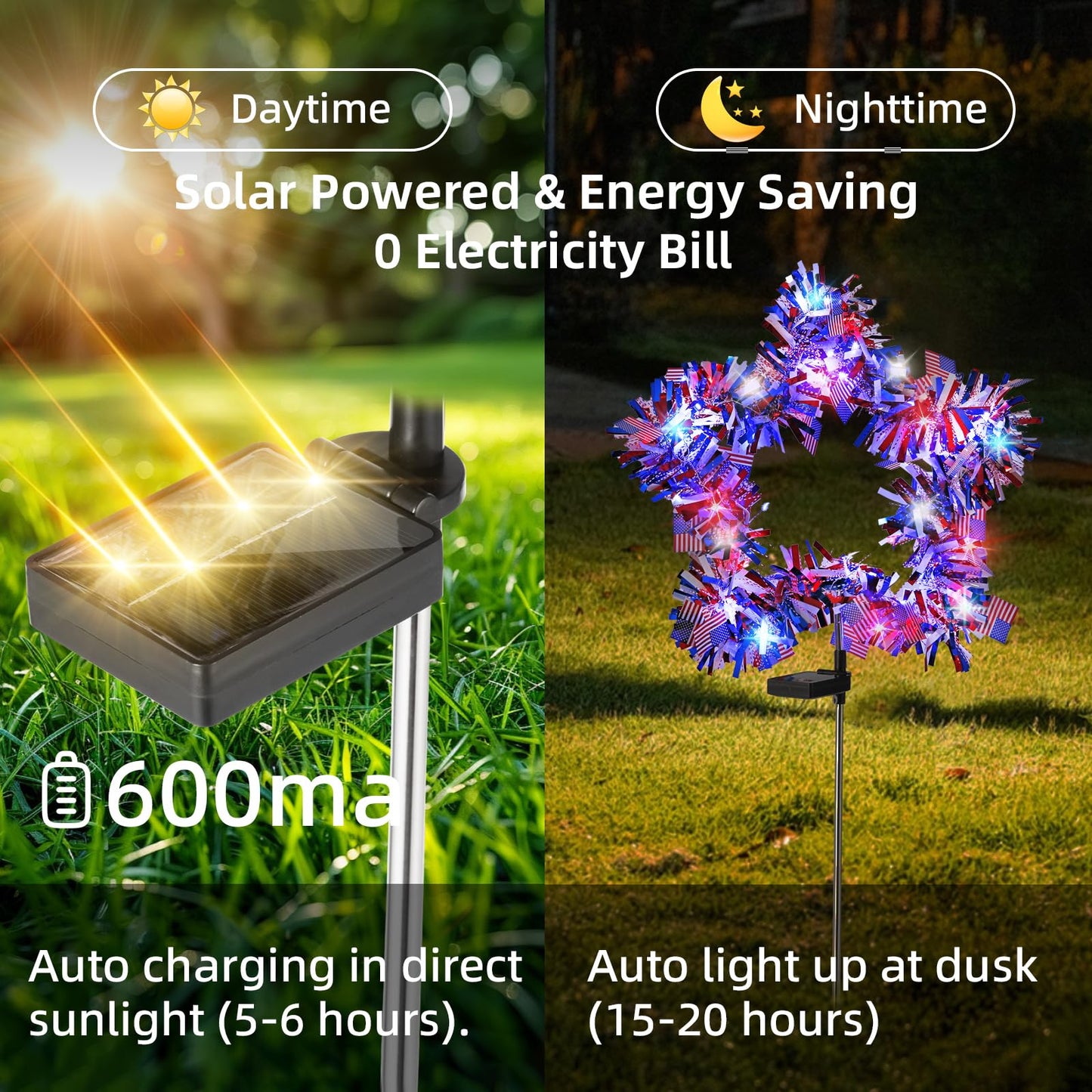 Kaitesla 2 Pack July 4th American Flag Solar American Flag Lights July 4th Solar Patriotic Flag Lights, 8 Modes Garden Pile Lights 50 LED Garden Landscape Lights Street Lights (Red White & Blue)
