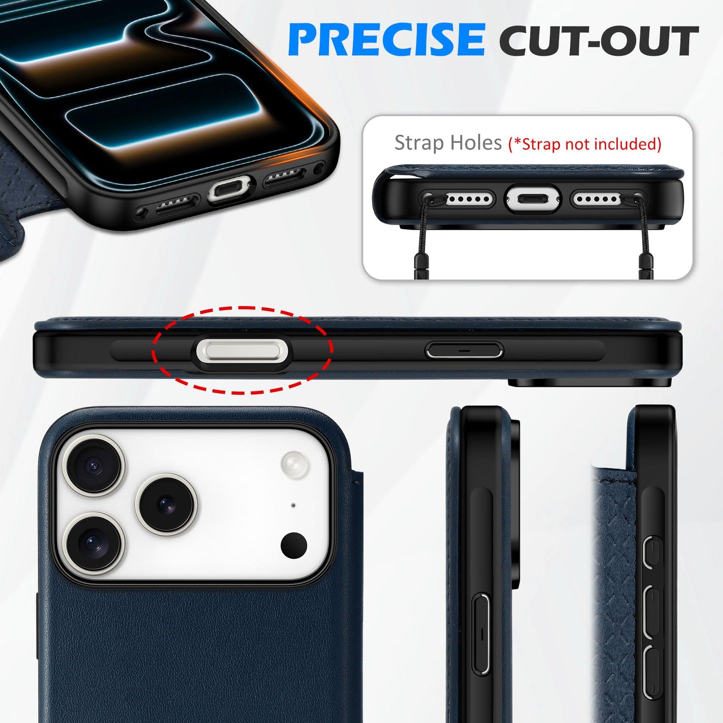 SHIELDON Genuine Leather Slim Wallet Case for iPhone 17 Pro Max 6.9 Inch 2025 | Flip | RFID Blocking Credit Card Slot | Magnetic Closure | Wireless Charging | Shock Absorbing Cover | Navy Blue