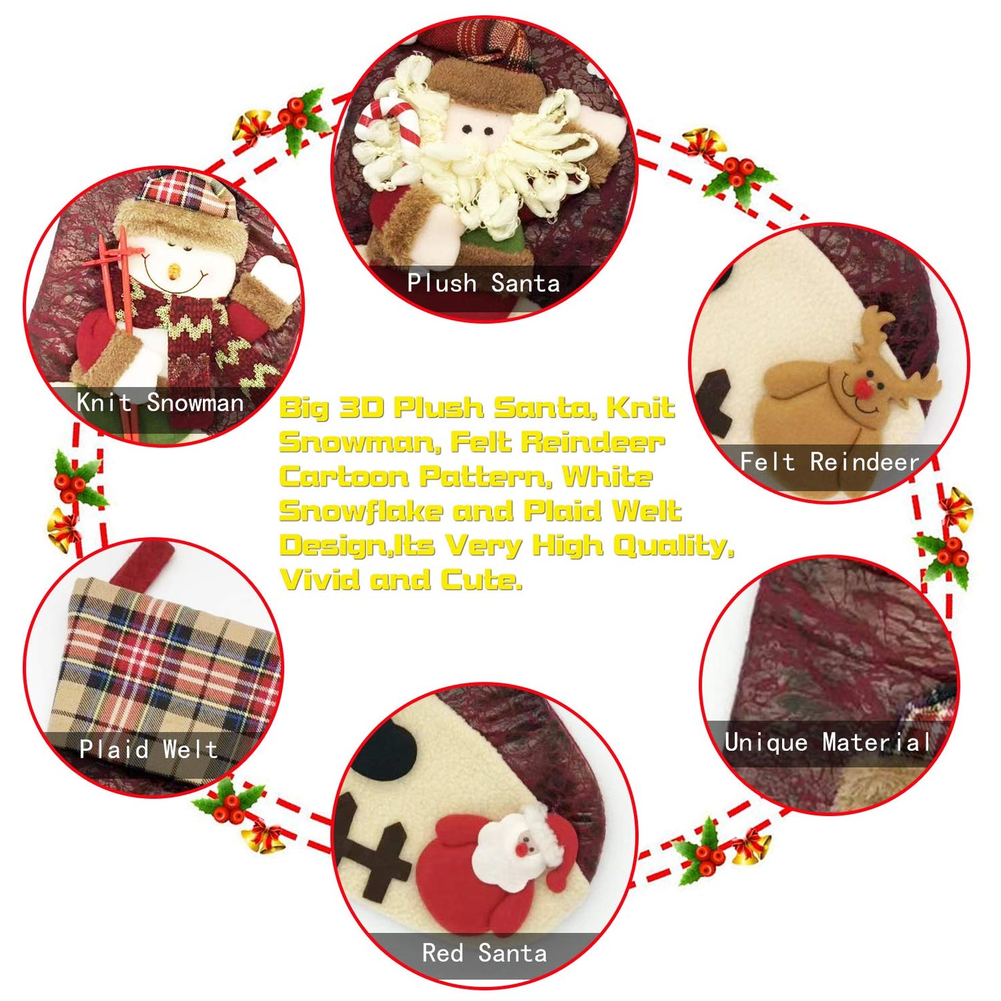 ETERAMUS 21 inch Plaid Christmas Stockings Deer, Bear, Animal One Piece, Felt Large Plush 3D Reindeer Snowman Design Hanging Stocking for Girls Boys Xmas Tree Mantel Party Decor (Green)