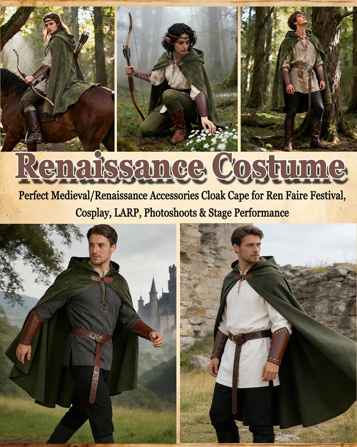 kasahara Renaissance Hooded Cloak Medieval Costume Accessories for Men Women Halloween Costume Cape Belt Pouch Bracers