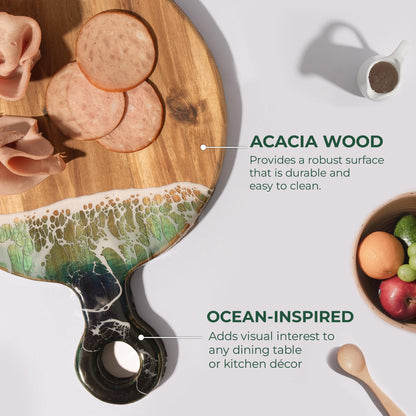 VWOOX Acacia Wood Serving Board with Ocean Resin Art, 18.1" x 13" Charcuterie Cheese Tray for Display & Prep, Cutting Board on Back, Includes Stand & Loofah, Christmas Housewarming Gift (Round)