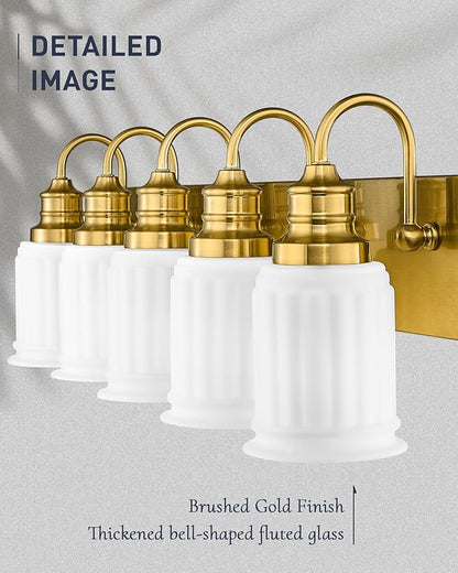 5-Light Bathroom Vanity Light, HWH Brushed Gold Bathroom Lighting Fixtures Modern Vanity Sconce Over Mirror 33'' with Frosted White Bell-Shaped Glass, 5HZG106B-5W BG