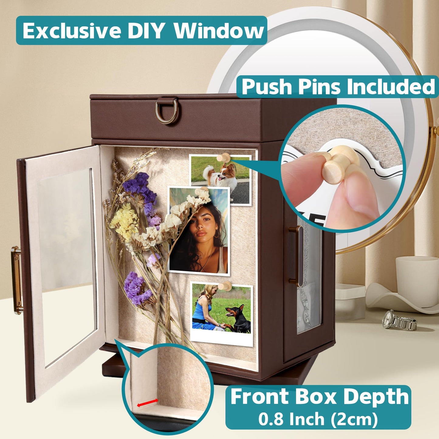 Kendal 360° Rotating Jewelry Box - Brown PU Leather Jewelry Organizer with Shadow Box & Pinboard, Detachable Top Tray, Drawers & Push Pins for Personalized Accessory Display & Storage