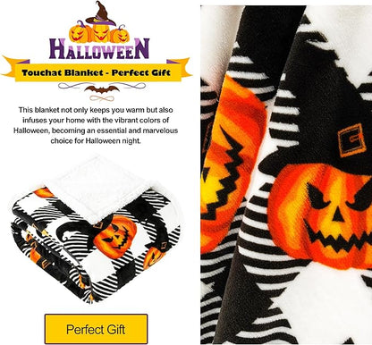 Touchat Halloween Blanket Twin Size 60" X 70"，Pumpkin Sherpa Fall Fuzzy Fluffy Soft Cozy Blankets, Fleece Flannel Plush Microfiber Throw for Couch Bed Sofa, Halloween Decor (BlackHalloween)
