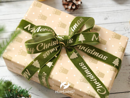 HUIHUANG Christmas Velvet Ribbon 1 inch Moss Green Velvet with Gold Merry Christmas Tree Ribbon for Gift Wrapping, Tree Ornaments, Wreaths, Garlands, DIY Crafts- Continuous 10 Yards