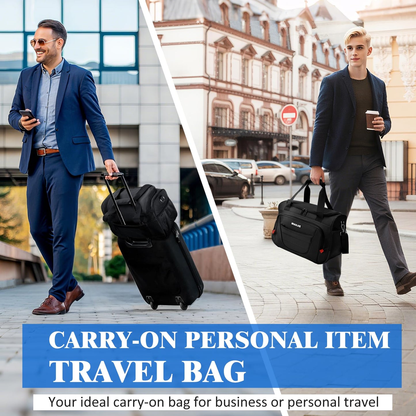 MIAOJIE Underseat Carry On luggage Bag Airplanes Personal Item Bags Weekender Overnight Travel Tote Bag Shoulder Small Softside Carry on Luggage Travel Duffel Bags For Men Women -16 IN Black