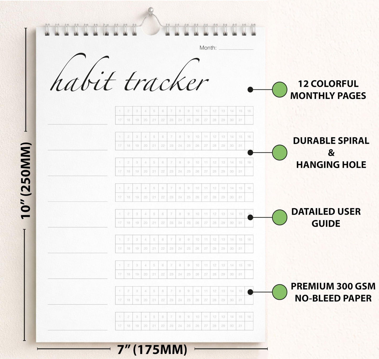 Habit Tracker Calendar (Undated 12 Month) with Silver Spiral Bound and Hanger, 7"x10" Habit Planner, Daily Weekly and Monthly Habit Tracker Journal, Habit Calendar, Colorful Layout.