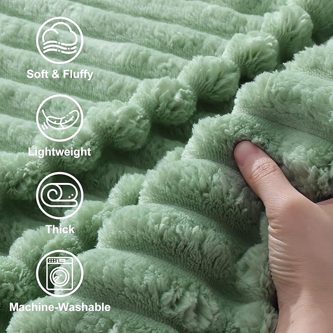 decorUhome Soft Fleece Sage Green Blanket King Size for Bed, Cozy Fluffy Plush Flannel Large Striped Throws for Couch Sofa, Lightweight Decorative Fuzzy Blanket for Woman, 108x90 Inches