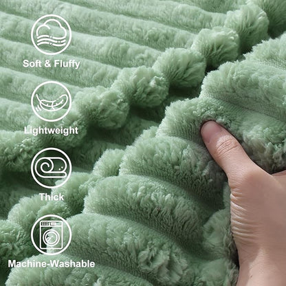 decorUhome Soft Fleece Sage Green Blanket King Size for Bed, Cozy Fluffy Plush Flannel Large Striped Throws for Couch Sofa, Lightweight Decorative Fuzzy Blanket for Woman, 108x90 Inches