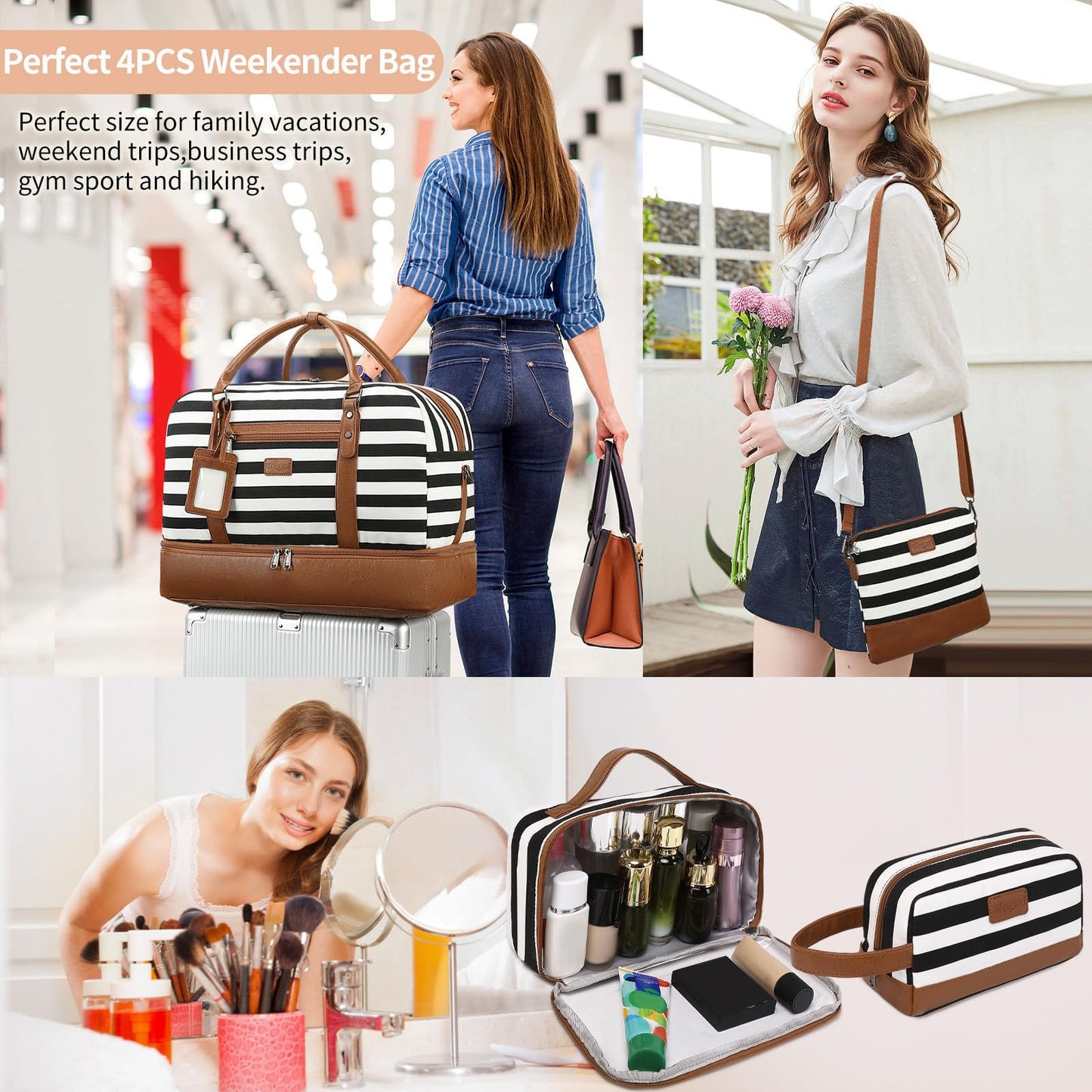 Wogarl 4PCS Weekender Bags for Women Large Overnight Bag Weekend Travel Duffel Bag Carry on Shoulder with Shoe Compartment Canvas Toiletry Bag for Travel Business Gym(Wide Black White-CH)