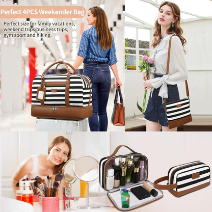 Wogarl 4PCS Weekender Bags for Women Large Overnight Bag Weekend Travel Duffel Bag Carry on Shoulder with Shoe Compartment Canvas Toiletry Bag for Travel Business Gym(Wide Black White-CH)