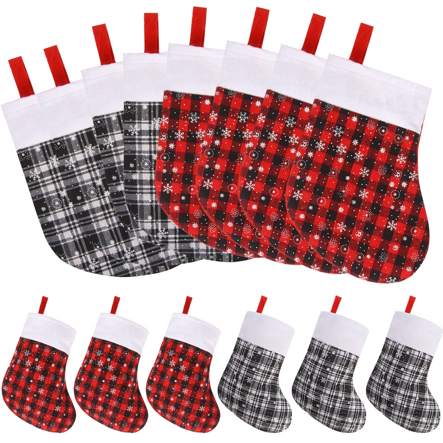 DIYASY Mini Christmas Stockings, 24 Pack Small Buffalo Plaid Stocking Snowflake Red Black Stockings Bulk for Christmas Tree Ornament Decorations Gift Holder（8Inches）