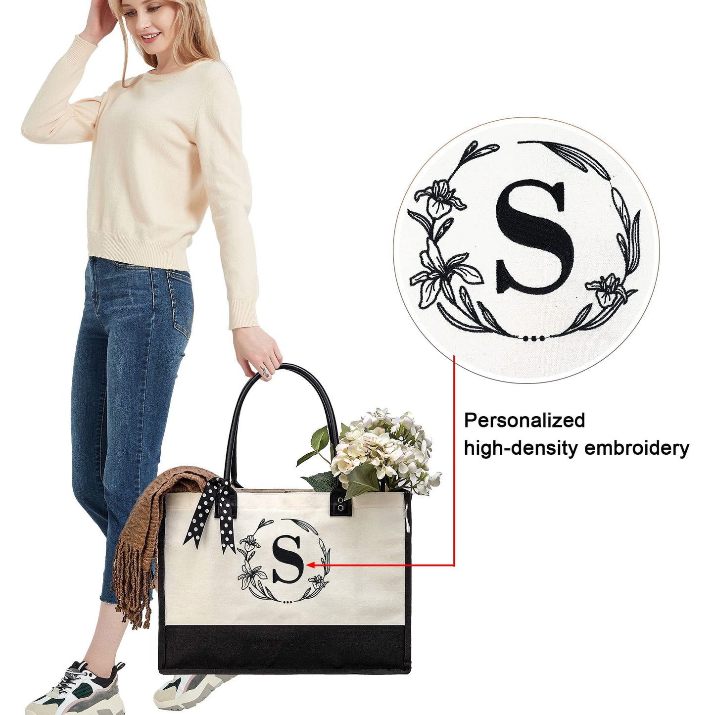 BeeGreen Initial Canvas Tote Bags Personalized Birthday Mothers Day Gifts for Women Mother Grandma Embroidery Monogram Bags with Leather Handle Organized Inner Pocket H