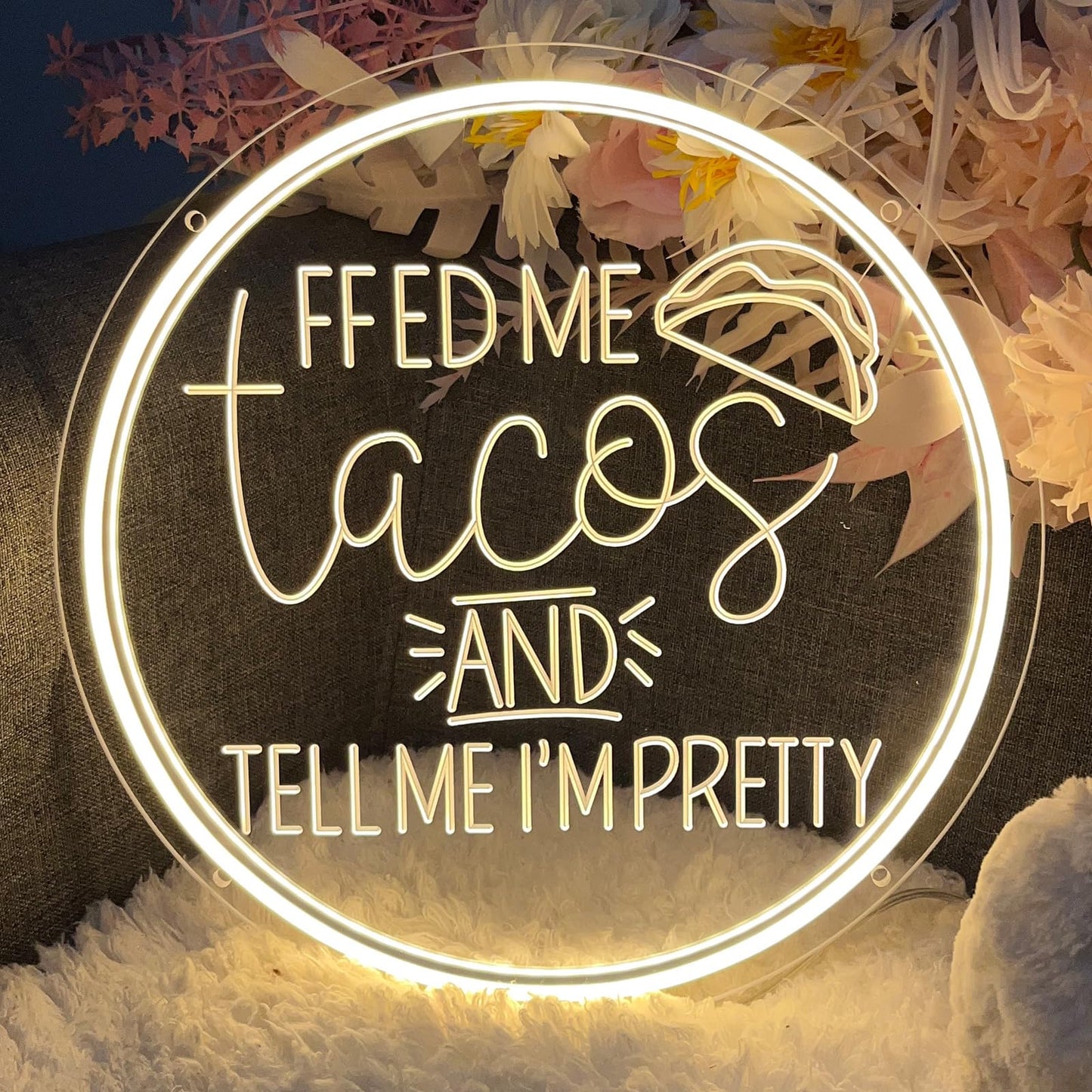 Neon Sign Feed Me Tacos and Tell Me I’m Pretty For Wall Decor 3D Art Carving Design Indoor Bedroom Led Neon Sign Backdrop Flex Christmas Business Room Shop Window Birthday Gift(Warm White,USB,30×30CM)