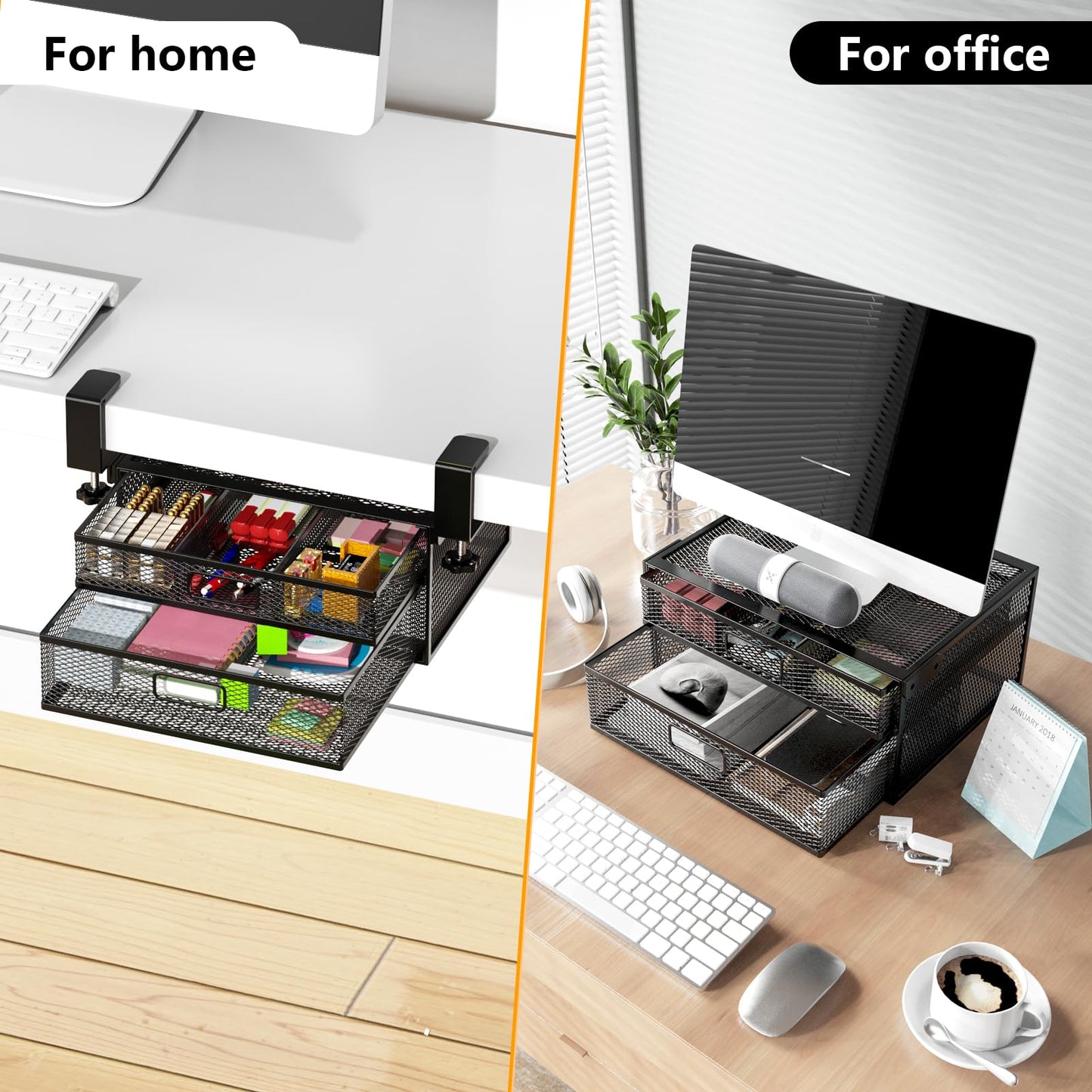 SRJZMLY Under Desk Drawer Organizer No Drill Metal Under Desk Storage Drawer Container 2 Slide Out Cabinet Drawer Suitable for Home And Office (Medium)