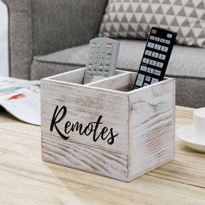 MyGift Remote Control Holder,TV Remote Holder,Wood Remote Caddy for Table,2 Large Compartment,Shabby Whitewashed Solid Wood with Black Cursive Remotes Label