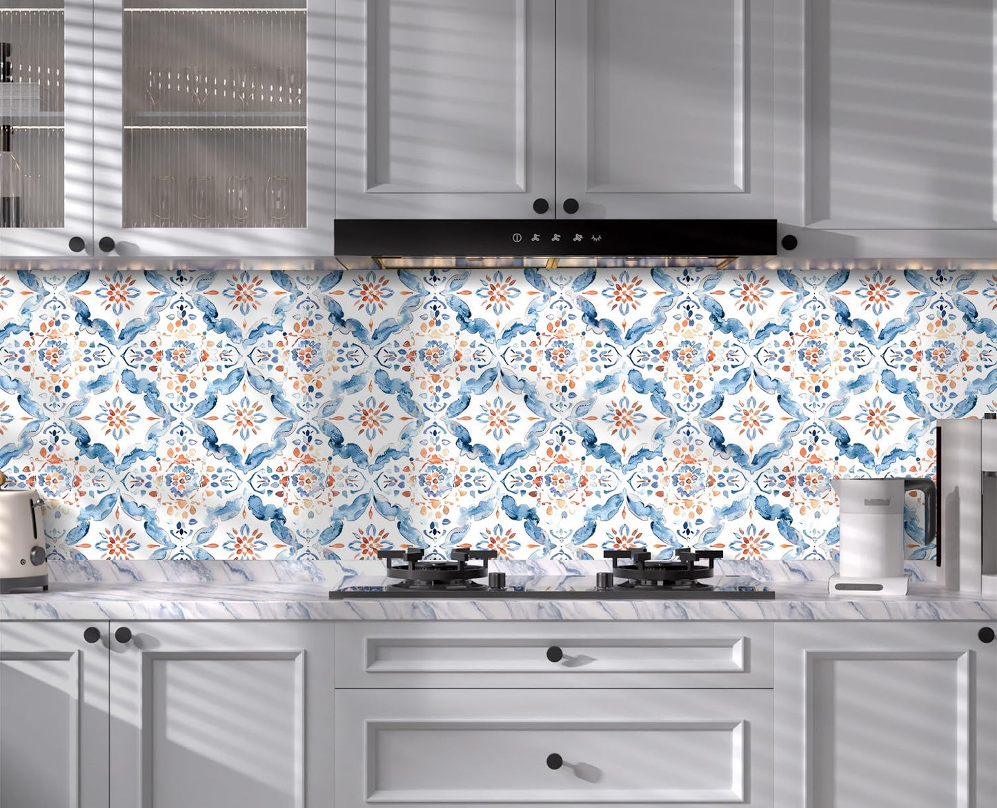 HAOKHOME Geometric Peel and Stick Wallpaper Tile Blue/White/Red Floral Damask Removable Wall Paper Modern Home Decor for Kitchen Backsplash 17.3in x 118in