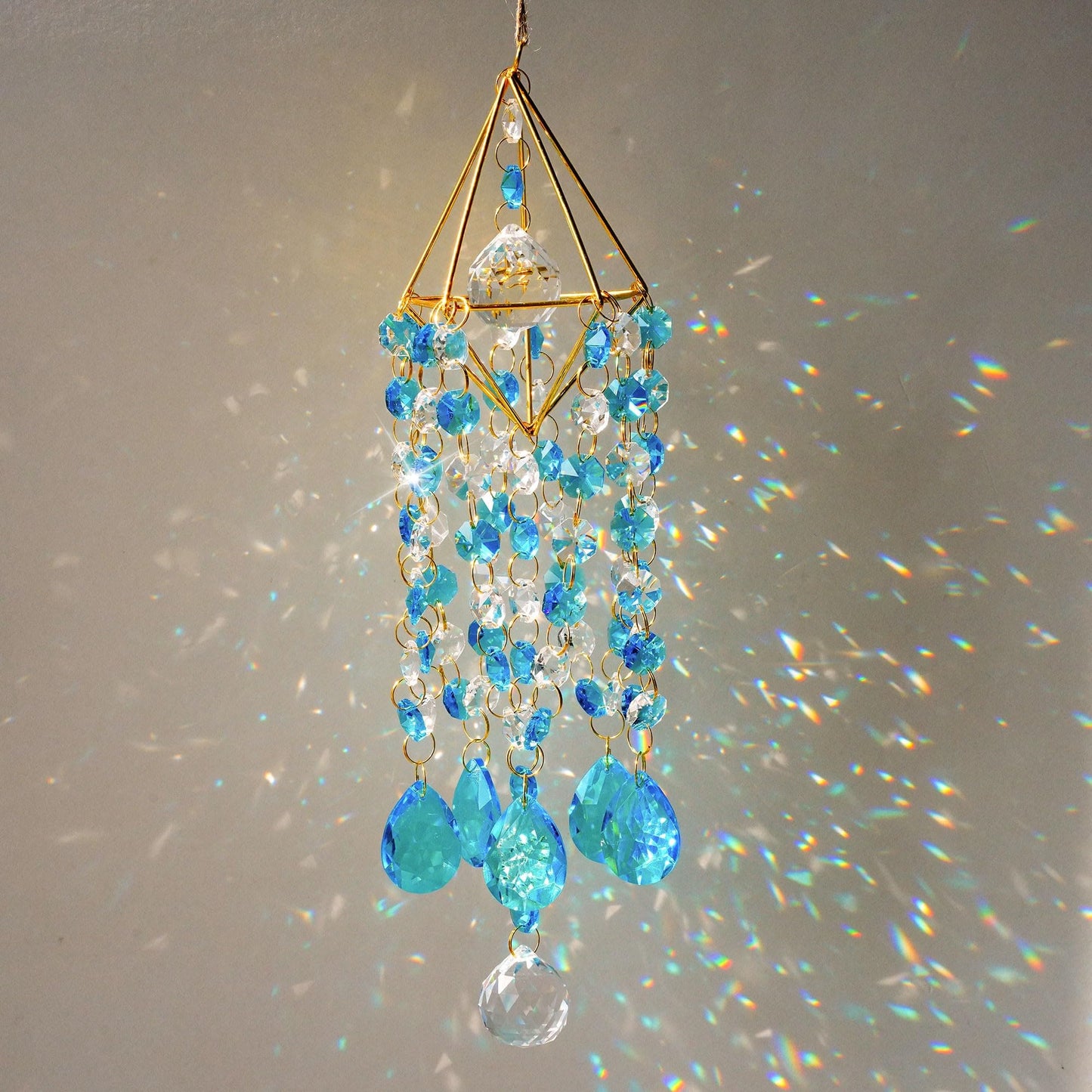 HDCRYSTALGIFTS 21.5'' Crystal Suncatchers, Handmade Blue Suncatcher for Window Hanging Crystal Wind Chimes Gold-Plated Sun Catcher with Crystals Indoor Outdoor Decoration Rainbow Maker