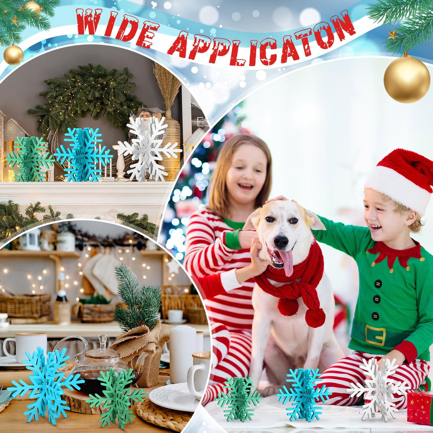 Bucherry 12 Pcs Wooden Snowflake Table Decor 3D Snowflake Tabletop Signs and Centerpiece for Frozen Party Christmas Xmas Winter Wonderland Decorations Home Office Mantel(White, Blue, Green)