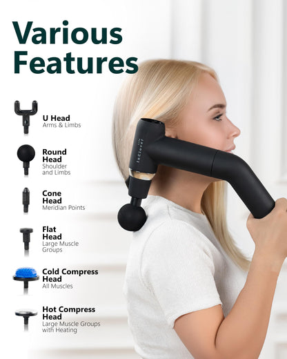 InClover Life Massage Gun with Detachable Extension Handle for Deep Tissue Muscle Massage – Handheld Back & Shoulder Percussion Heated Massager for Men & Women. Professional Pain Relief Massage Tool.