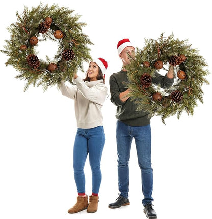 22-Inch Handcrafted Artificial Christmas Wreath with Pinecones, Rust Bell, and Lifelike Pine Branches Winter Holiday Wreath for Front Door and Home Décor, Indoor/Outdoor Seasonal Décor