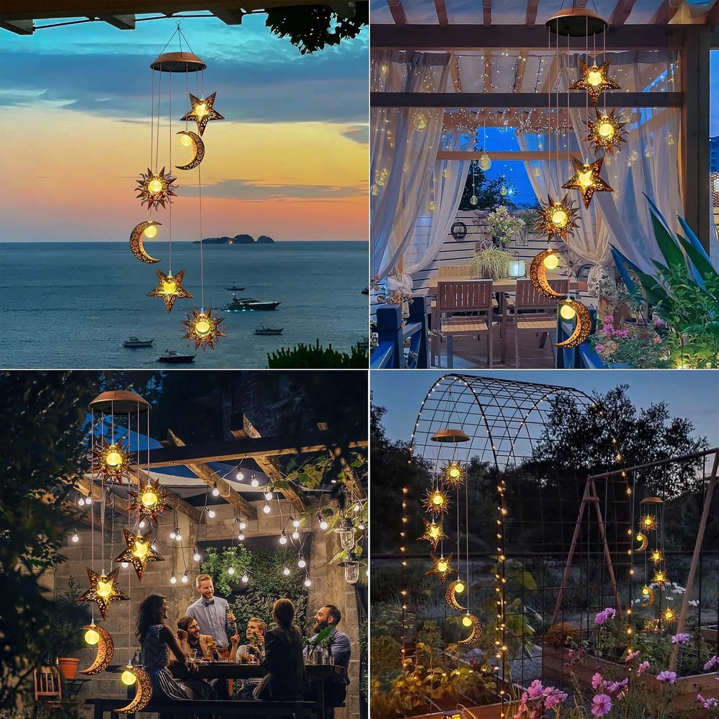 Solar Wind Chimes for Outdoor Lights Sun Moon Star for Women Mom Wife Hanging Decor Outdoor Sympathy Wind Chimes for Garden Patio Balcony Birthday Womens Gifts